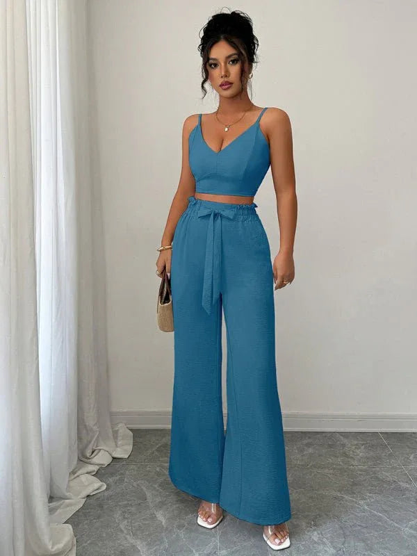 Peacock Blue Suspender Vest Wide Leg Pants Two-Piece Set - Allen-Fitness