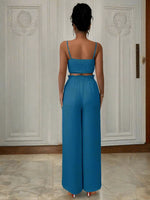 Peacock Blue Suspender Vest Wide Leg Pants Two-Piece Set - Allen-Fitness