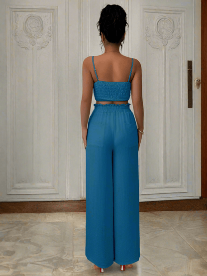 Peacock Blue Suspender Vest Wide Leg Pants Two - Piece Set - Allen - Fitness