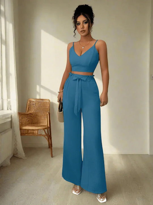 Peacock Blue Suspender Vest Wide Leg Pants Two-Piece Set - Allen-Fitness