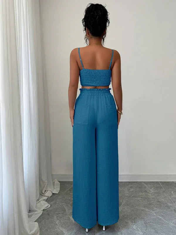 Women's Peacock Blue Suspender Vest & Wide Leg Pants Two-Piece Set | S–XL