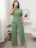 Plus Size Outfits: Stylish Asymmetrical Round Neck Short Sleeve Top & Pants Set - Allen-Fitness