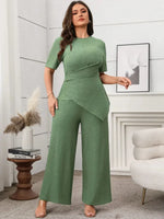 Plus Size Outfits: Stylish Asymmetrical Round Neck Short Sleeve Top & Pants Set - Allen-Fitness