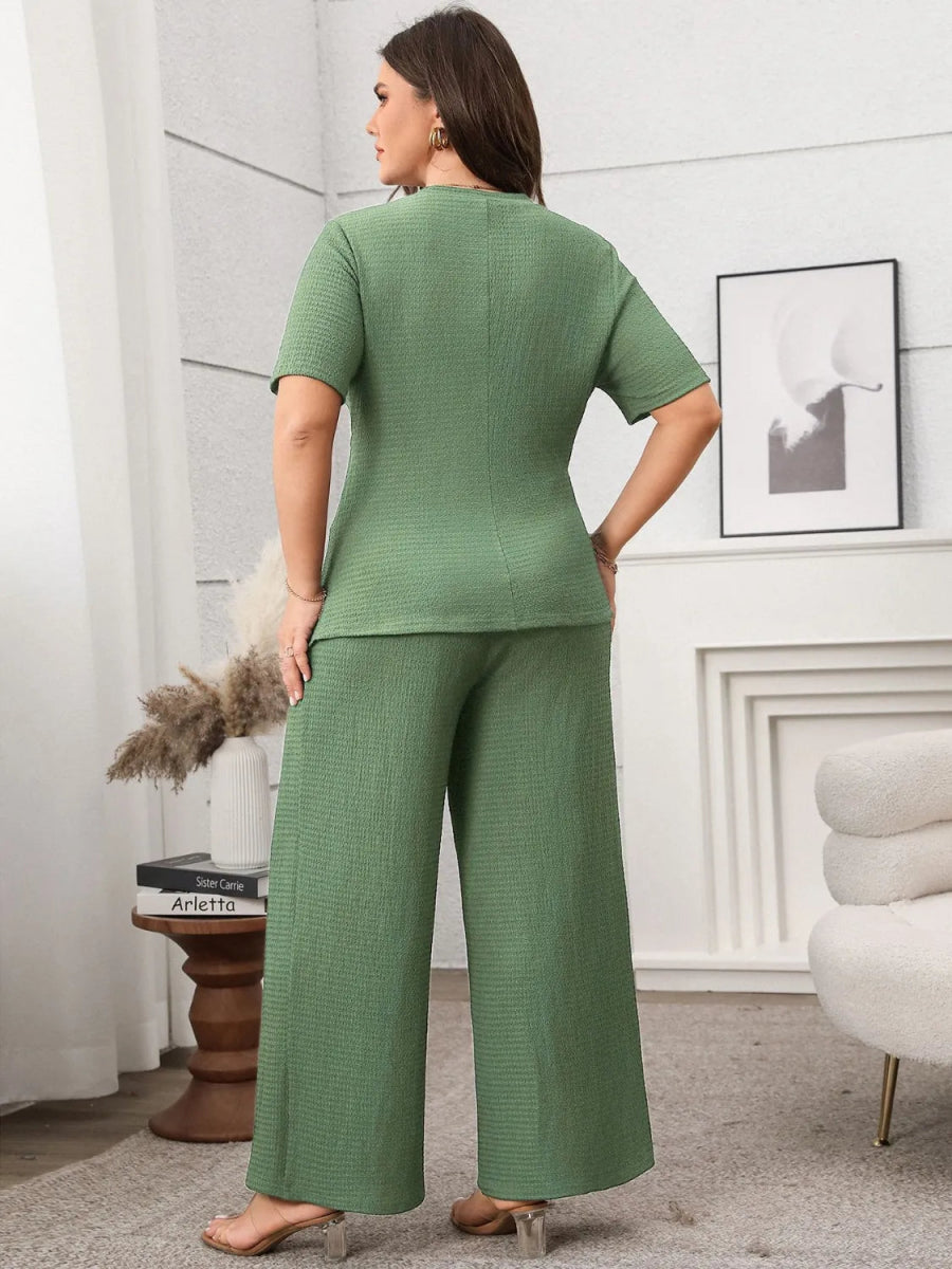 Plus Size Outfits: Stylish Asymmetrical Round Neck Short Sleeve Top & Pants Set - Allen - Fitness