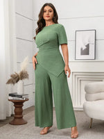 Plus Size Outfits: Stylish Asymmetrical Round Neck Short Sleeve Top & Pants Set - Allen-Fitness
