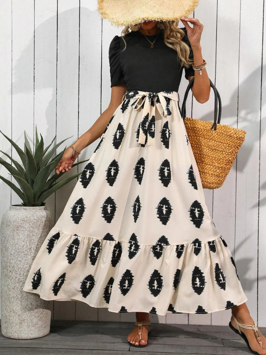 Printed Short Sleeve Dress with Tie Waist - Flowy Tiered Maxi Dress by Kenike - Allen - Fitness