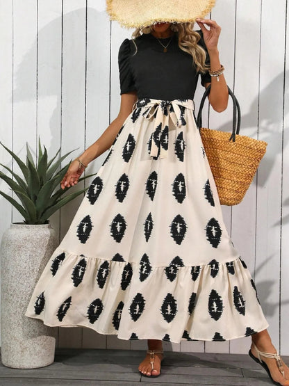 Printed Short Sleeve Dress with Tie Waist - Flowy Tiered Maxi Dress by Kenike - Allen - Fitness