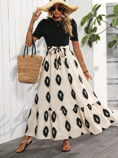Printed Short Sleeve Dress with Tie Waist - Flowy Tiered Maxi Dress by Kenike - Allen - Fitness