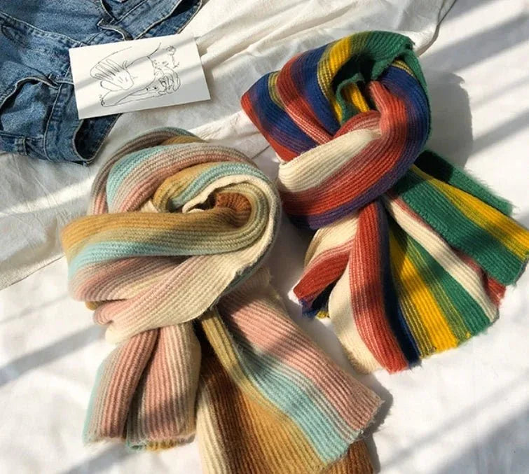 Rainbow Striped Scarf - Warm Knitted Acrylic Shawl, 180cm x 35cm, All-Match Stylish Accessory - Allen-Fitness