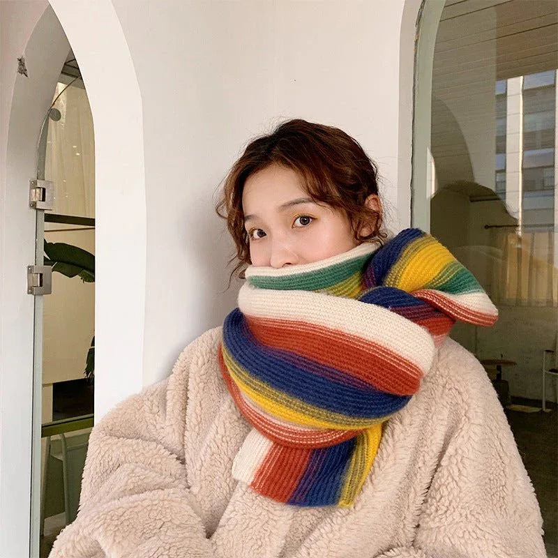 Rainbow Striped Scarf - Warm Knitted Acrylic Shawl, 180cm x 35cm, All-Match Stylish Accessory - Allen-Fitness
