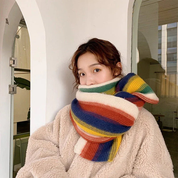 Rainbow Striped Scarf - Warm Knitted Acrylic Shawl, 180cm x 35cm, All-Match Stylish Accessory - Allen-Fitness