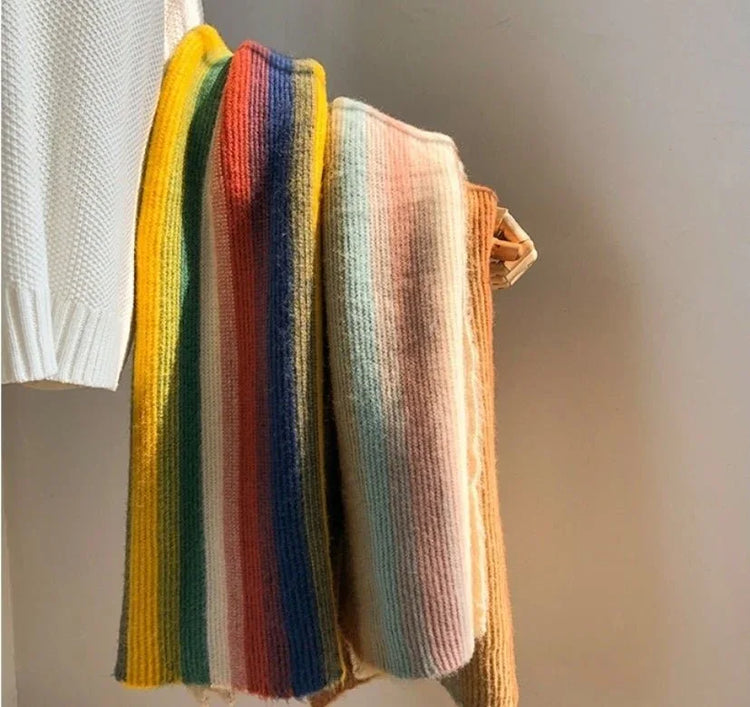 Rainbow Striped Scarf - Warm Knitted Acrylic Shawl, 180cm x 35cm, All-Match Stylish Accessory - Allen-Fitness