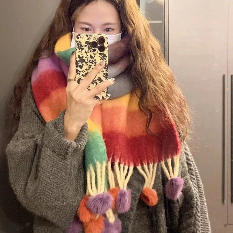 Rainbow Striped Scarf with Hanging Balls for Women, Warm Imitation Cashmere, Winter Fashion 40x200 cm - Allen-Fitness