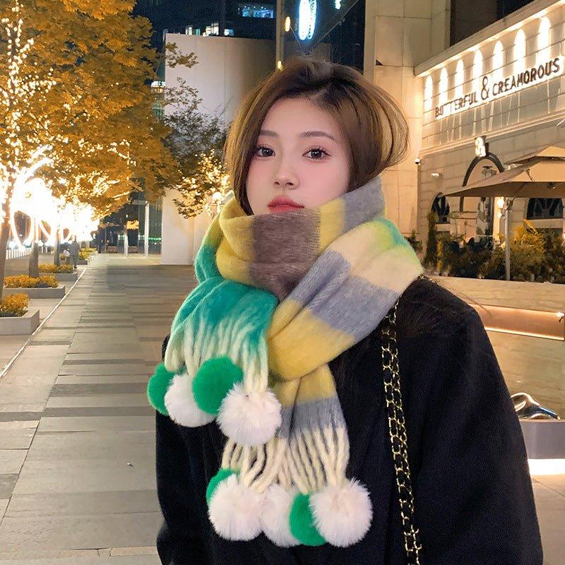 Rainbow Striped Scarf with Hanging Balls for Women, Warm Imitation Cashmere, Winter Fashion 40x200 cm - Allen-Fitness