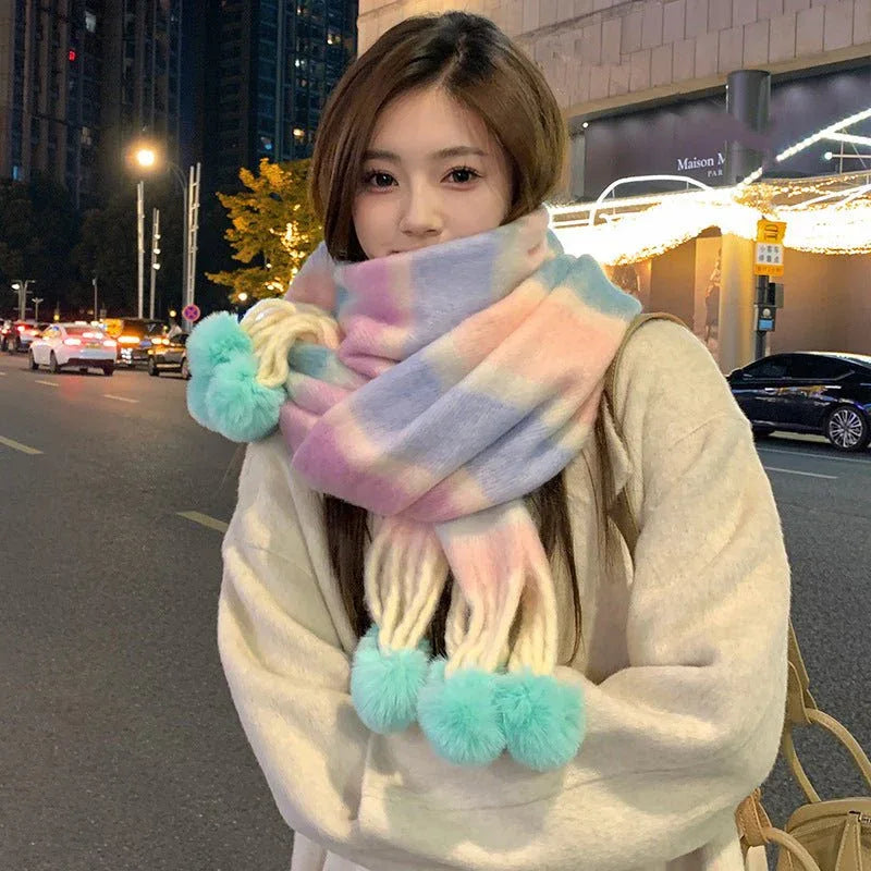 Rainbow Striped Scarf with Hanging Balls for Women, Warm Imitation Cashmere, Winter Fashion 40x200 cm - Allen-Fitness