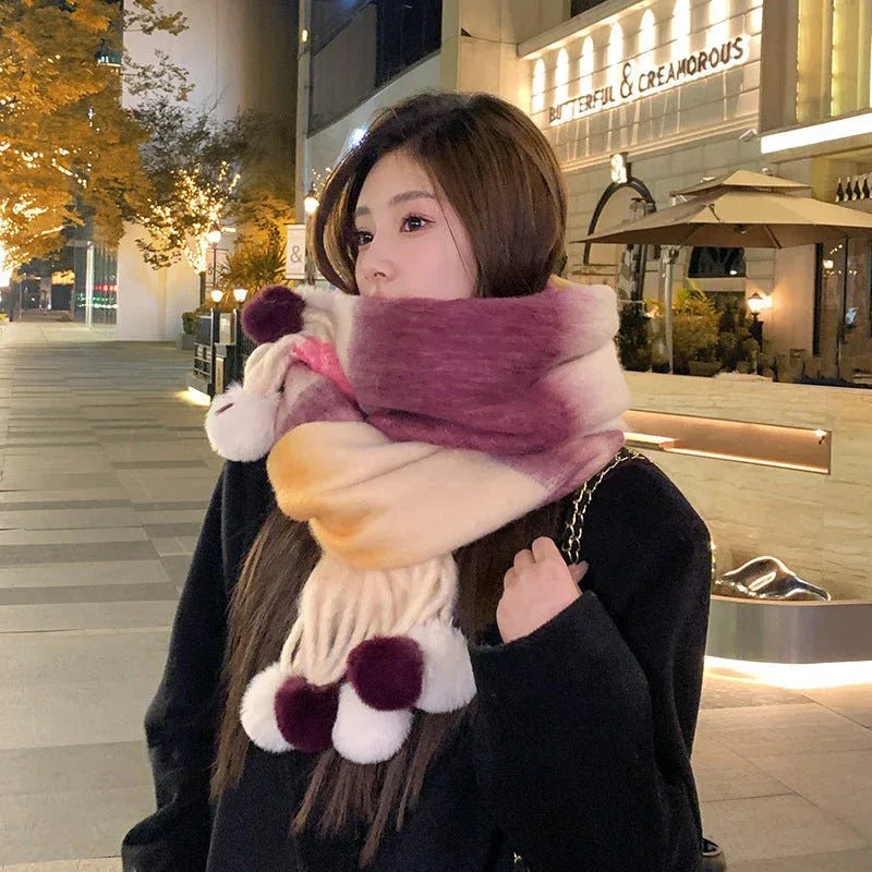 Rainbow Striped Scarf with Hanging Balls for Women, Warm Imitation Cashmere, Winter Fashion 40x200 cm - Allen-Fitness