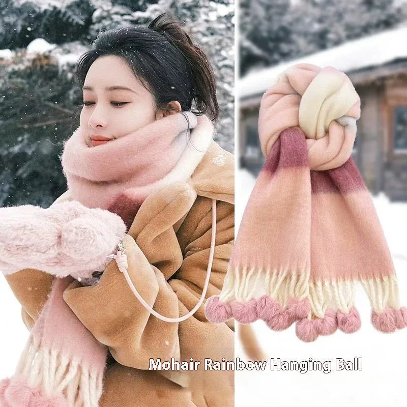 Rainbow Striped Scarf with Hanging Balls for Women, Warm Imitation Cashmere, Winter Fashion 40x200 cm - Allen-Fitness