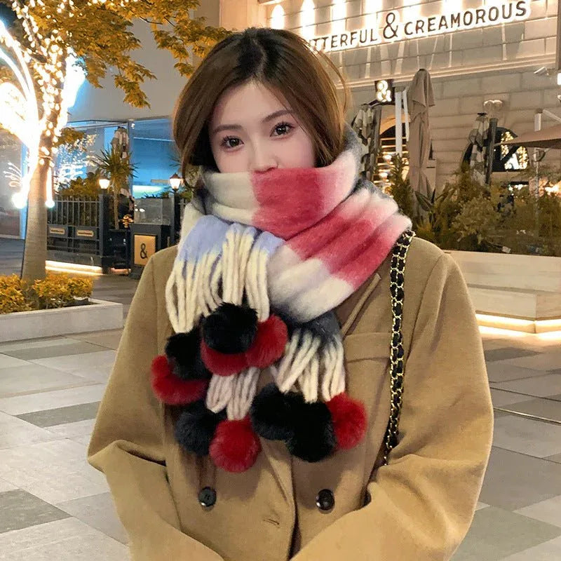 Rainbow Striped Scarf with Hanging Balls for Women, Warm Imitation Cashmere, Winter Fashion 40x200 cm - Allen-Fitness