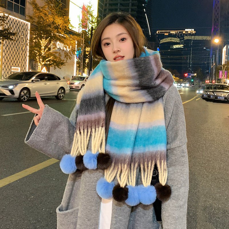 Rainbow Striped Scarf with Hanging Balls for Women, Warm Imitation Cashmere, Winter Fashion 40x200 cm - Allen - Fitness
