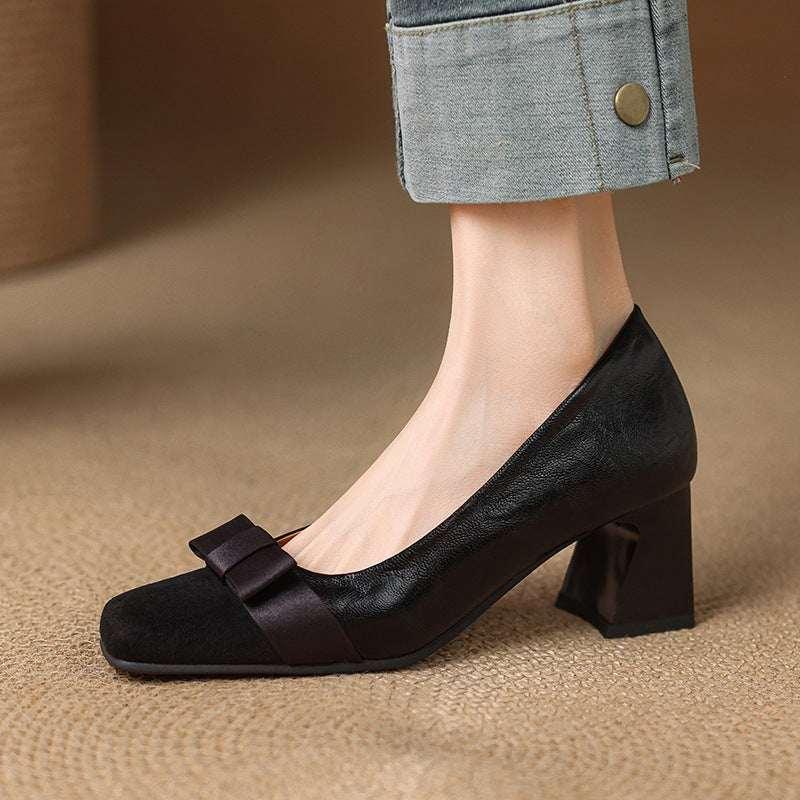 Retro Square Head Stitching Chunky Heel Pumps Women's Spring And Autumn New Bow Low-cut High Heels - Allen-Fitness