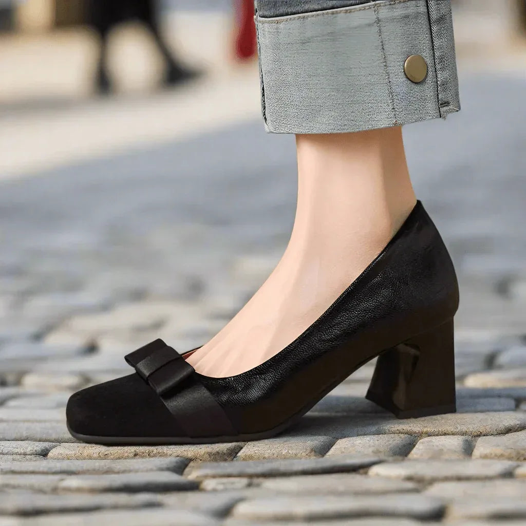 Retro Square Head Stitching Chunky Heel Pumps Women's Spring And Autumn New Bow Low-cut High Heels - Allen-Fitness