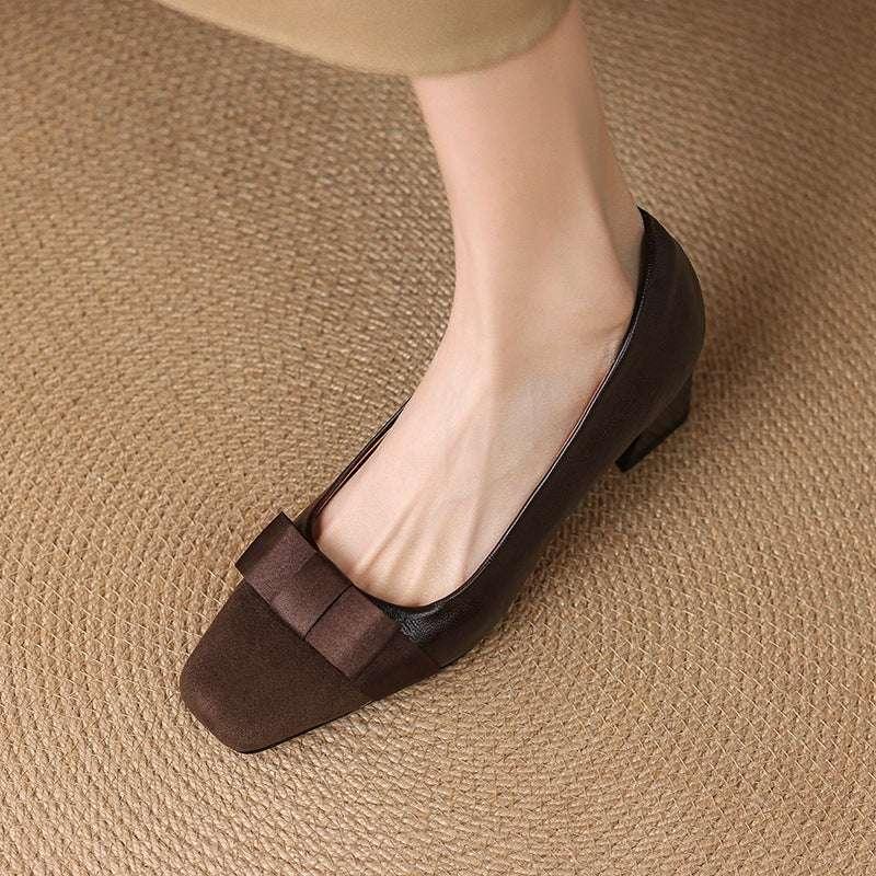 Retro Square Head Stitching Chunky Heel Pumps Women's Spring And Autumn New Bow Low-cut High Heels - Allen-Fitness