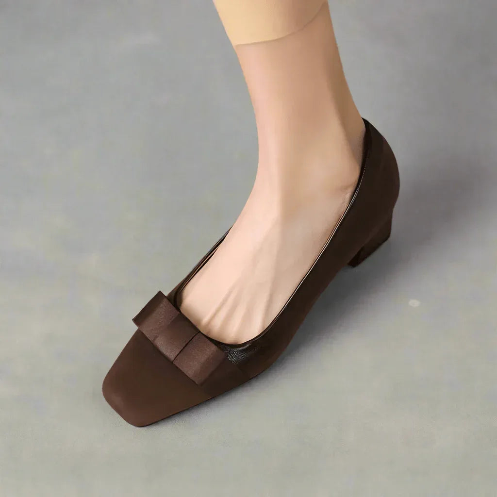 Retro Square Head Stitching Chunky Heel Pumps Women's Spring And Autumn New Bow Low-cut High Heels - Allen-Fitness