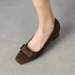 Retro Square Head Stitching Chunky Heel Pumps Women's Spring And Autumn New Bow Low-cut High Heels - Allen-Fitness