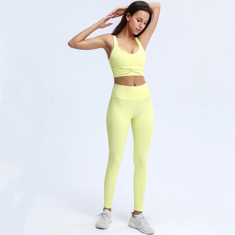 Rib Active Sports Bra &amp; Seamless Leggings 2pcs Set Women Twist Workout Studio Outfit Gym Crop Top High Rise Yoga Pants - Premium Fitness &amp; Activewear for Men &amp; Women|UK