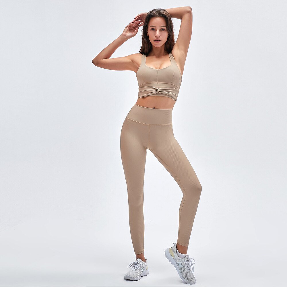 Rib Active Sports Bra &amp; Seamless Leggings 2pcs Set Women Twist Workout Studio Outfit Gym Crop Top High Rise Yoga Pants - Premium Fitness &amp; Activewear for Men &amp; Women|UK