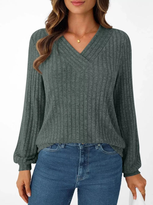 Ribbed Knit V-Neck Long Sleeve T-Shirt