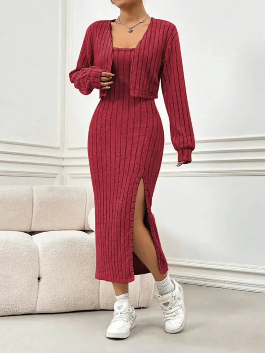 Ribbed Long Sleeve Cropped Cardigan &amp; Slit Cami Dress Set - Stylish 2-Piece Outfit by Kenike - Allen-Fitness