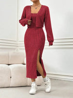 Ribbed Long Sleeve Cropped Cardigan & Slit Cami Dress Set - Stylish 2-Piece Outfit by Kenike - Allen-Fitness