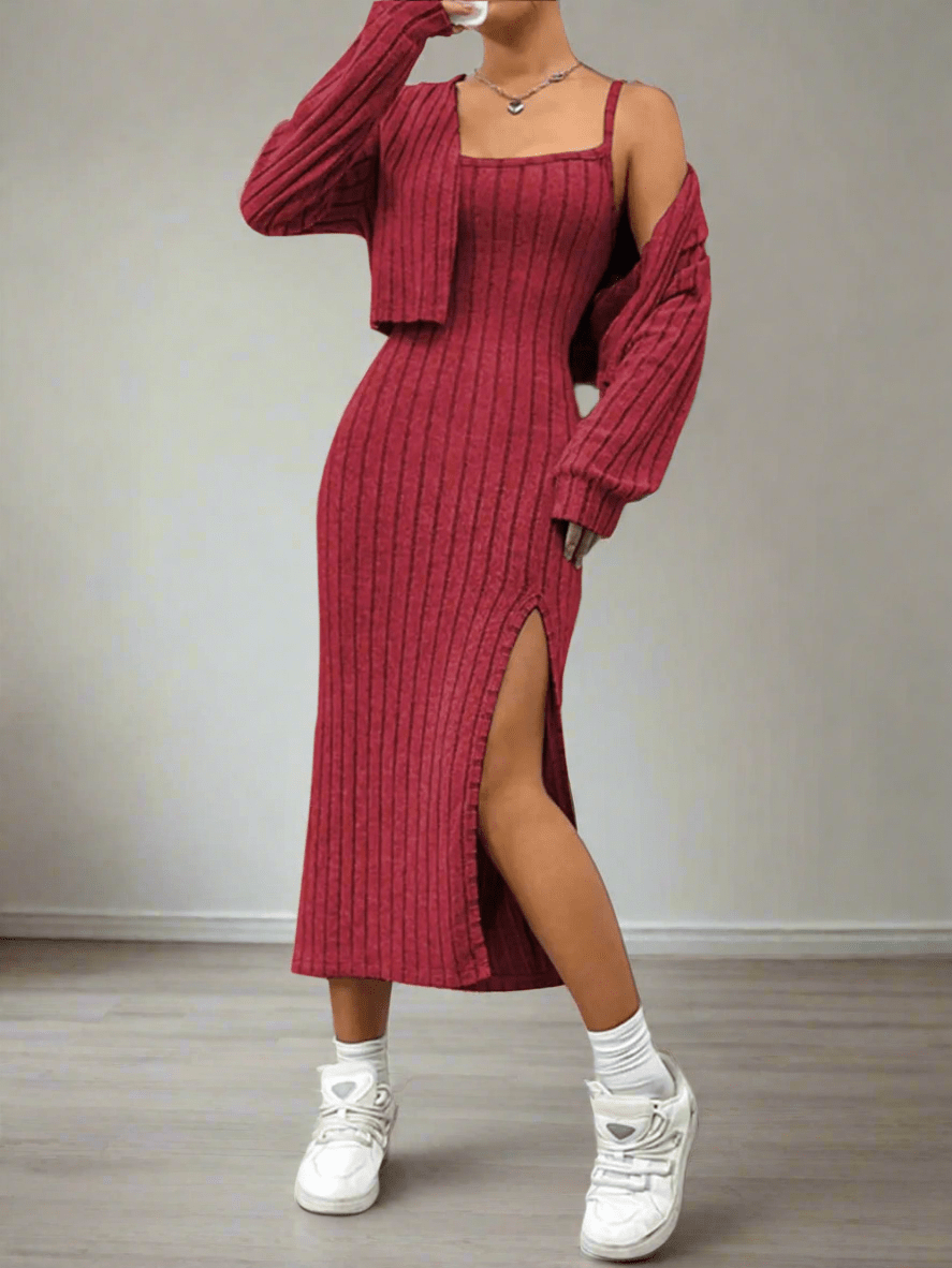 Ribbed Long Sleeve Cropped Cardigan & Slit Cami Dress Set - Stylish 2 - Piece Outfit by Kenike - Allen - Fitness