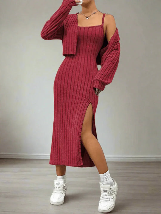 Ribbed Long Sleeve Cropped Cardigan &amp; Slit Cami Dress Set - Stylish 2-Piece Outfit by Kenike - Allen-Fitness