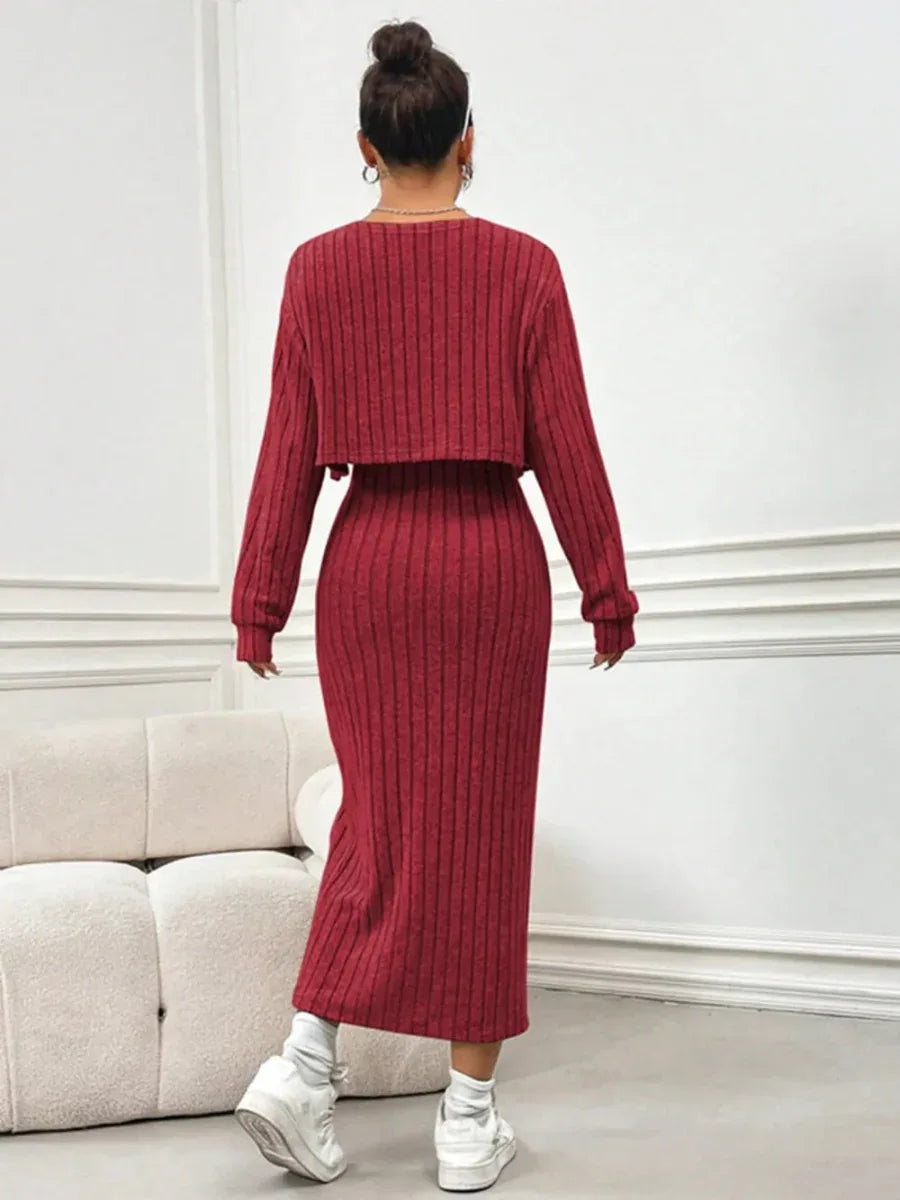 Ribbed Long Sleeve Cropped Cardigan &amp; Slit Cami Dress Set - Stylish 2-Piece Outfit by Kenike - Allen-Fitness
