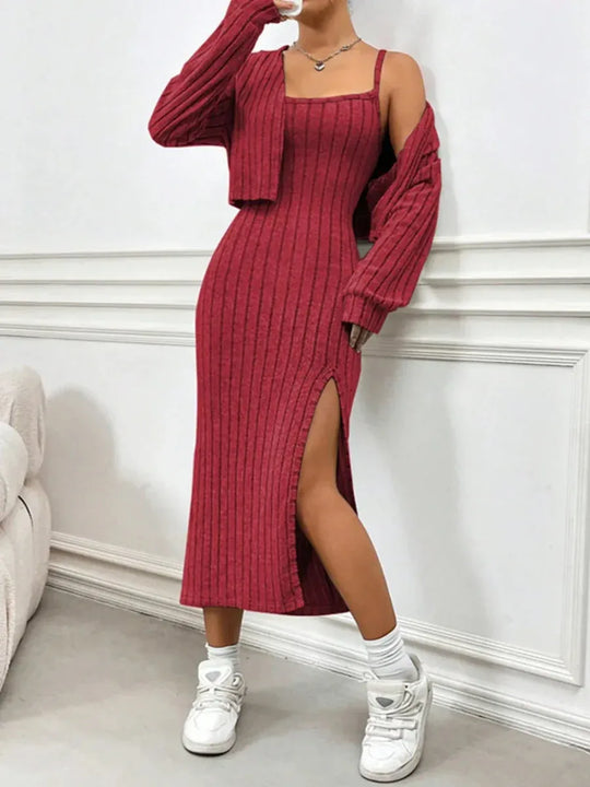 Ribbed Long Sleeve Cropped Cardigan &amp; Slit Cami Dress Set - Stylish 2-Piece Outfit by Kenike - Allen-Fitness