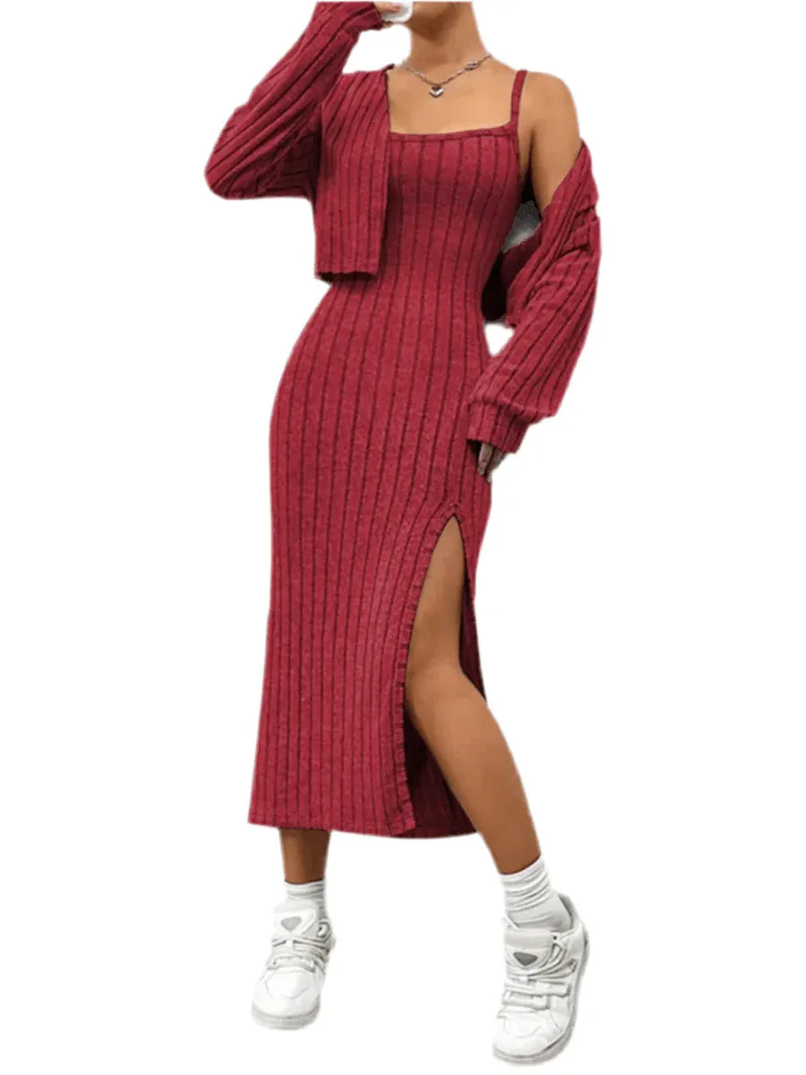 Ribbed Long Sleeve Cropped Cardigan &amp; Slit Cami Dress Set - Stylish 2-Piece Outfit by Kenike - Allen-Fitness
