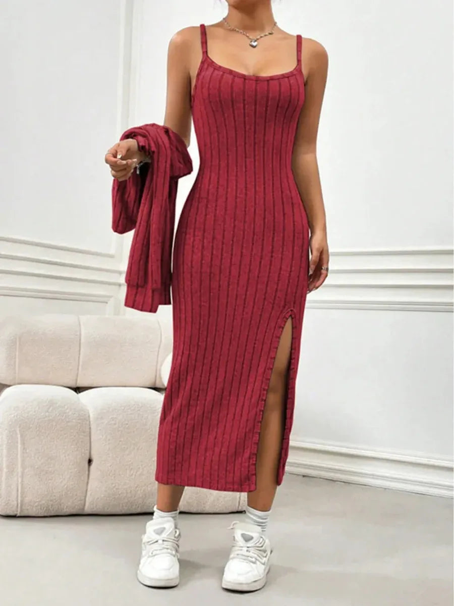 Ribbed Long Sleeve Cropped Cardigan &amp; Slit Cami Dress Set - Stylish 2-Piece Outfit by Kenike - Allen-Fitness