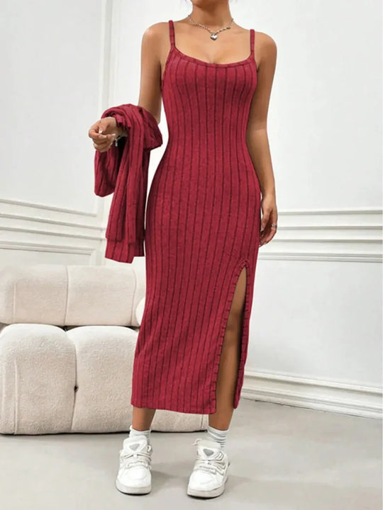 Ribbed Long Sleeve Cropped Cardigan &amp; Slit Cami Dress Set - Stylish 2-Piece Outfit by Kenike - Allen-Fitness