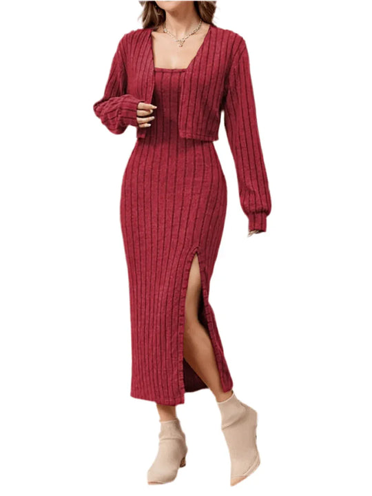 Ribbed Long Sleeve Cropped Cardigan &amp; Slit Cami Dress Set - Stylish 2-Piece Outfit by Kenike - Allen-Fitness