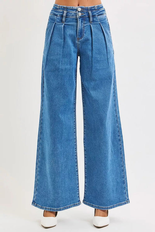 RISEN Wide Leg Pleated Jeans | Mid Rise | Full Size 0–15 & 1XL–3XL | Medium Wash