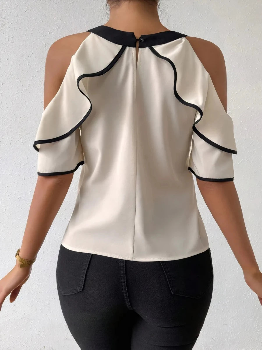 Ruffled Contrast Trim Cold Shoulder Blouse - Premium Fitness &amp; Activewear for Men &amp; Women|UK
