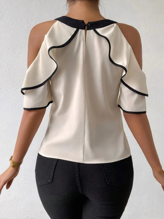 Ruffled Contrast Trim Cold Shoulder Blouse - Premium Fitness &amp; Activewear for Men &amp; Women|UK