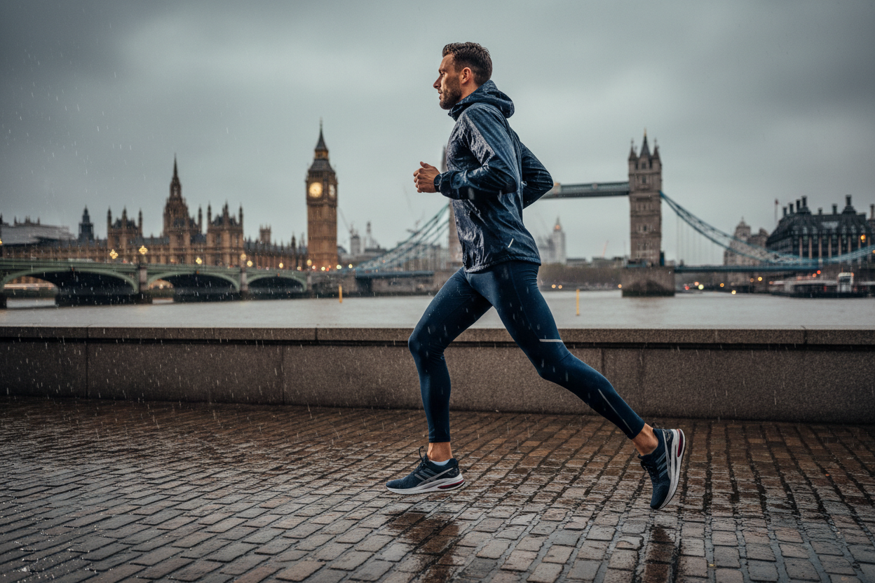 Runner jogging along Thames in London rain