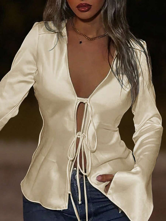 Satin Bow Tie Front Collared Flare Sleeve Blouse - Allen-Fitness