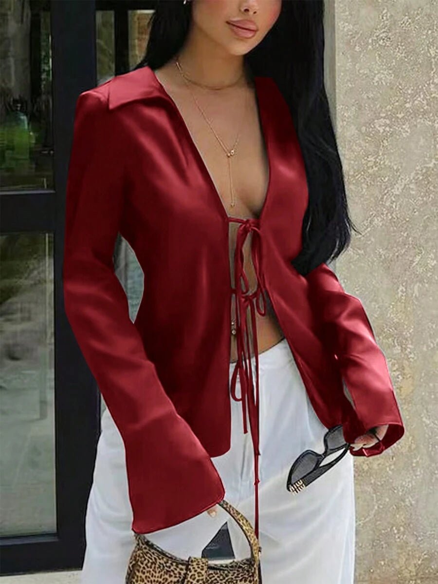 Satin Bow Tie Front Collared Flare Sleeve Blouse - Allen-Fitness