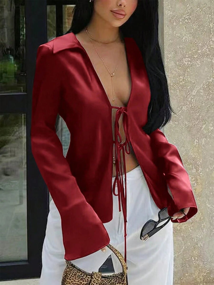 Satin Bow Tie Front Collared Flare Sleeve Blouse - Allen-Fitness