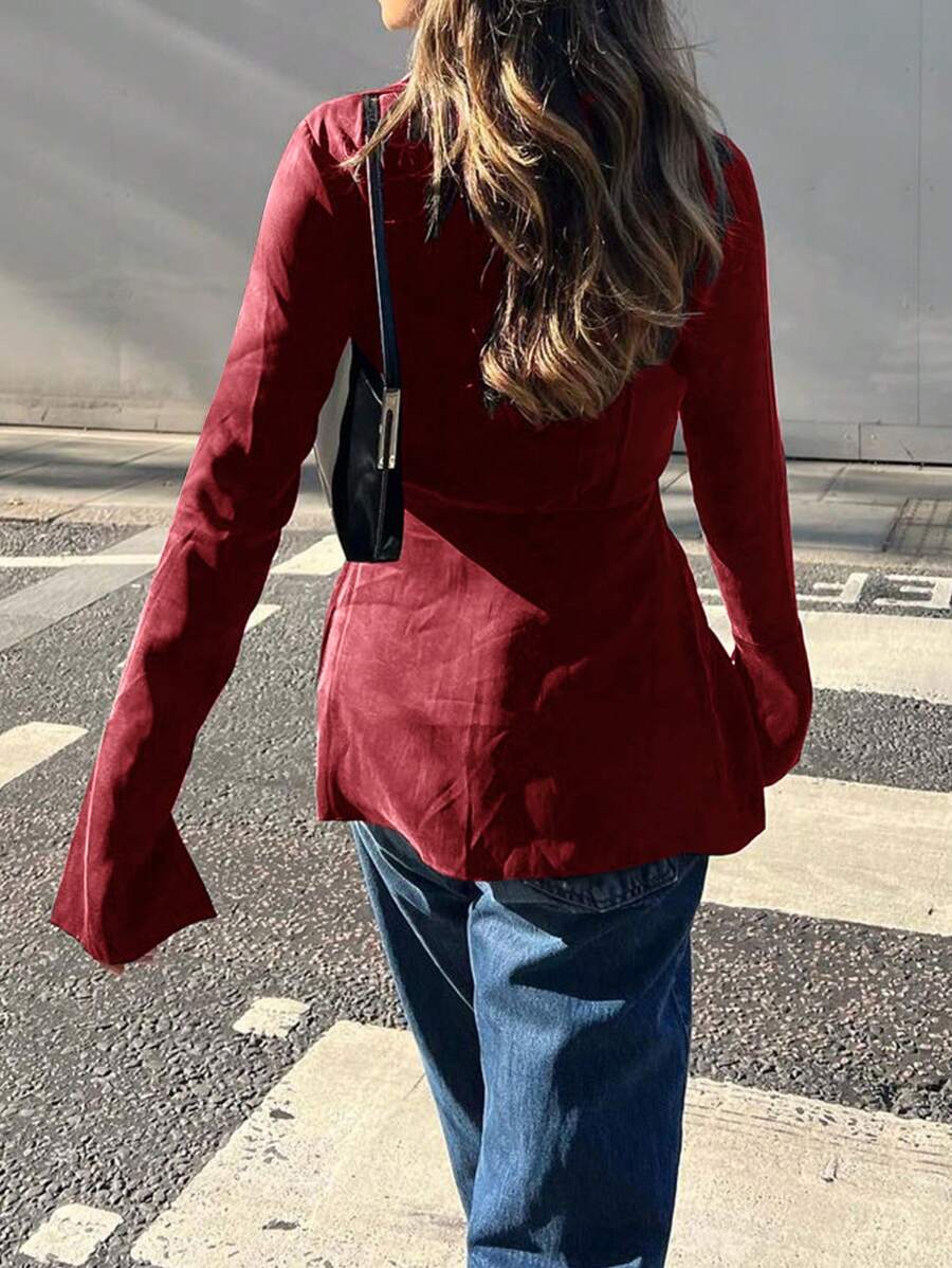 Satin Bow Tie Front Collared Flare Sleeve Blouse - Allen-Fitness