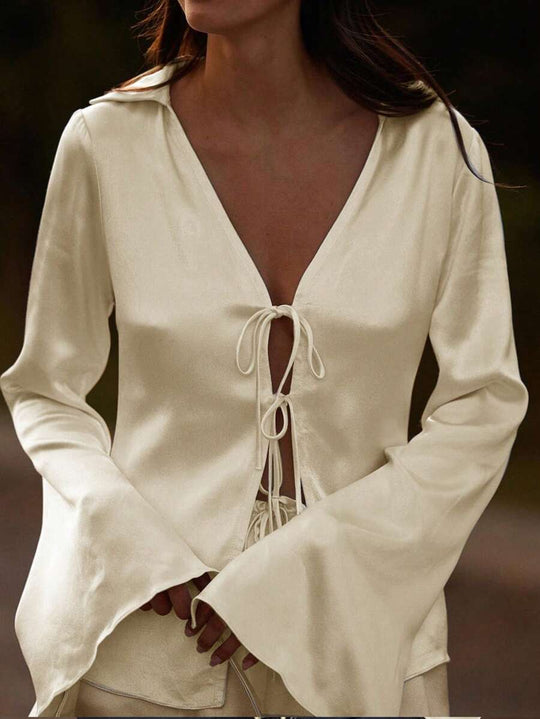 Satin Bow Tie Front Collared Flare Sleeve Blouse - Allen-Fitness